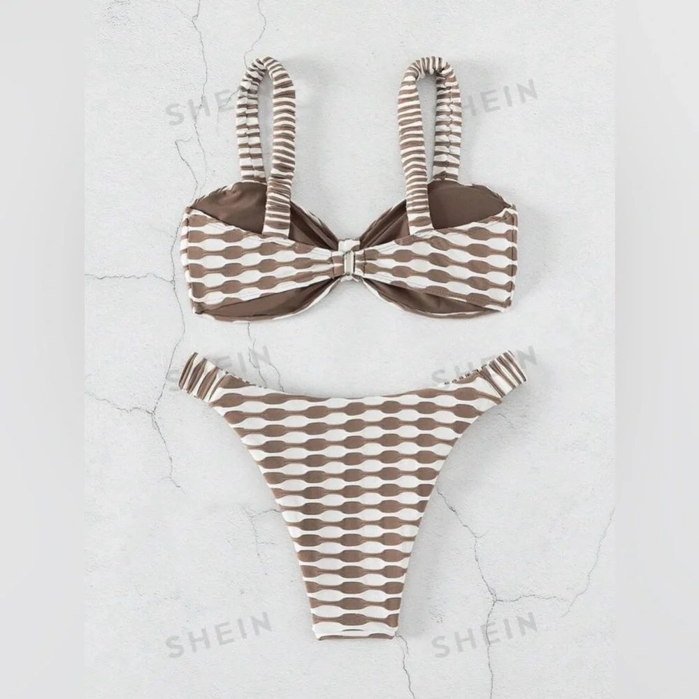 NWT Tan & White Knot Front Bikini Set